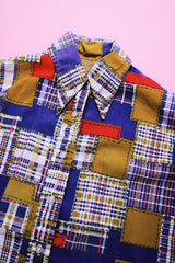 long sleeve button up collared blouse in a multicolored patchwork print women's vintage 1970's cotton