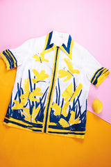 short sleeve zip up blouse with collar white with navy and yellow butterfly print vintage 1970's women's