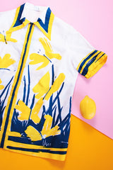 short sleeve zip up blouse with collar white with navy and yellow butterfly print vintage 1970's women's