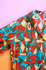 green orange art deco abstract print button up shirt cotton vintage 1970's women's