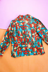 green orange art deco abstract print button up shirt cotton vintage 1970's women's
