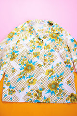 white with green and blue floral printed long sleeve button up blouse with collar vintage 1960's women's