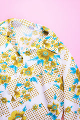 white with green and blue floral printed long sleeve button up blouse with collar vintage 1960's women's