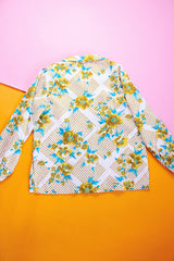 white with green and blue floral printed long sleeve button up blouse with collar vintage 1960's women's