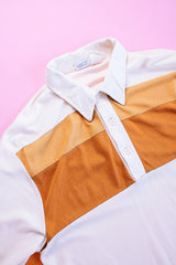 long sleeve half button white fleece collared shirt with two stripes across chest vintage 1970's