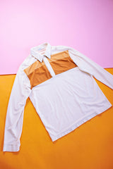 long sleeve half button white fleece collared shirt with two stripes across chest vintage 1970's