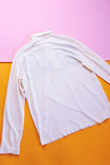 long sleeve half button white fleece collared shirt with two stripes across chest vintage 1970's