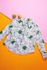 floral printed long sleeve button up blouse with collar in white and green floral print vintage 1970's women's