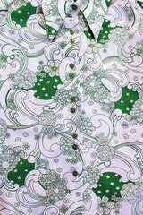 floral printed long sleeve button up blouse with collar in white and green floral print vintage 1970's women's
