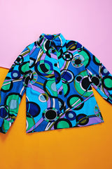long sleeve blue and purple psychedelic print 1970's vintage women's half button blouse with collar