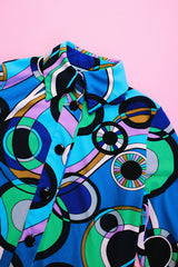 long sleeve blue and purple psychedelic print 1970's vintage women's half button blouse with collar