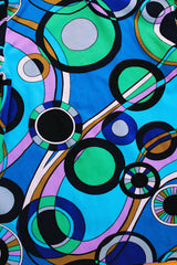 long sleeve blue and purple psychedelic print 1970's vintage women's half button blouse with collar