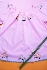 pink capped sleeve cotton blouse with embroidered butterflies throughout vintage 1960's