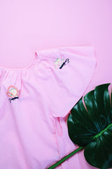 pink capped sleeve cotton blouse with embroidered butterflies throughout vintage 1960's