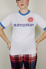 short sleeve white graphic ringer tee from 1983 blue trim vintage