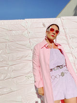 pink long sleeve button up shirt dress with collar and matching tie belt vintage 1980's