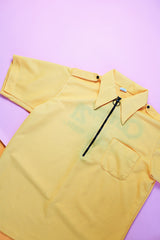 short sleeve yellow ribbed polyester half zip collared bowling shirt vintage 1970's