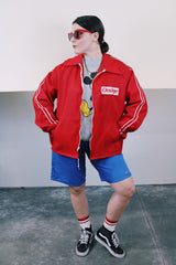 Men's vintage 1980's Horizon Sportswear Inc. label long sleeve red nylon zip up windbreaker with Dodge patch on chest and braided trim on arms.