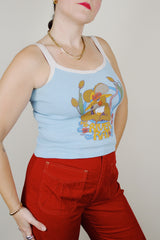 spaghetti strap cotton tank top in baby blue with ms. river rat graphic vintage 1972