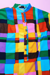 3/4 arm length short tunic dress or long shirt in cotton material and rainbow colored block print vintage 1970's
