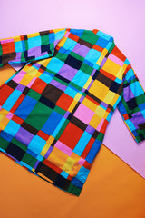 3/4 arm length short tunic dress or long shirt in cotton material and rainbow colored block print vintage 1970's