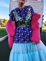 short sleeve 1970's polyester blouse with purple circle print