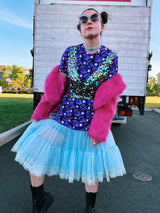 short sleeve 1970's polyester blouse with purple circle print