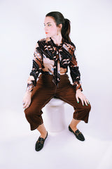 long sleeve button up blouse with tie neck 1970's vintage brown with bird print