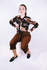 long sleeve button up blouse with tie neck 1970's vintage brown with bird print