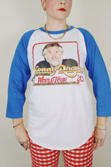blue and white long sleeve baseball tee from 1985 Kenny Rogers world tour