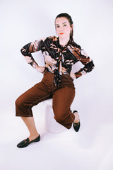 long sleeve button up blouse with tie neck 1970's vintage brown with bird print
