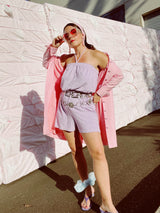 terrycloth lavender purple strapless romper with front tie 1970's vintage