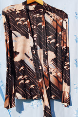 long sleeve button up blouse with tie neck 1970's vintage brown with bird print