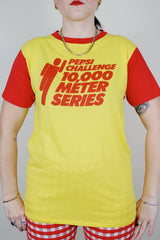 short sleeve yellow and red cotton poly blend vintage graphic tee 1980's