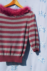 3/4 arm length striped sweater in purple and grey with faux fur purple neckline