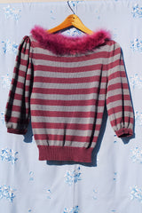 3/4 arm length striped sweater in purple and grey with faux fur purple neckline