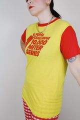 short sleeve yellow and red cotton poly blend vintage graphic tee 1980's