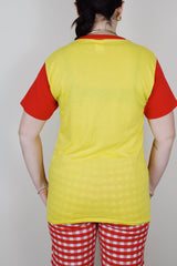short sleeve yellow and red cotton poly blend vintage graphic tee 1980's