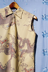 sleeveless yellow half zip blouse with grey dragon print 1970's vintage women's