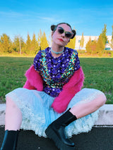 short sleeve 1970's polyester blouse with purple circle print