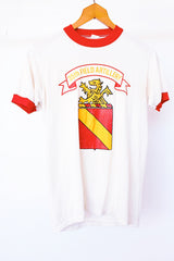 short sleeve white vintage graphic tee with red ribbed neckline and cuffs