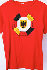 short sleeve red vintage graphic tee with germany written in various languages