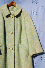 long length long sleeve green wool coat with three button closure and collar vintage 1960's
