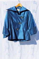 1950's vintage blue statin evening jacket with diagonal lapel with collar