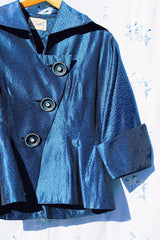 1950's vintage blue statin evening jacket with diagonal lapel with collar