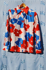 long sleeve button up shirt blouse vintage 1980's white with red and blue abstract print