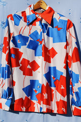 long sleeve button up shirt blouse vintage 1980's white with red and blue abstract print