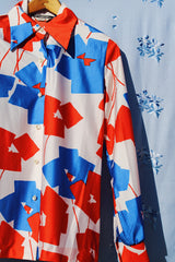 long sleeve button up shirt blouse vintage 1980's white with red and blue abstract print
