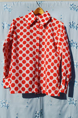 long sleeve button up blouse with collar in white with red polka dots women's vintage 1970's polyester