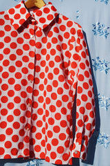long sleeve button up blouse with collar in white with red polka dots women's vintage 1970's polyester